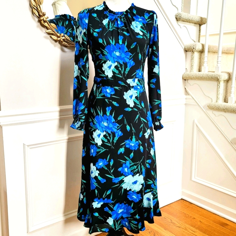 New! J. Crew Sz 8 Ruffle Neck Black Blue Floral Peasant Dress NWT
